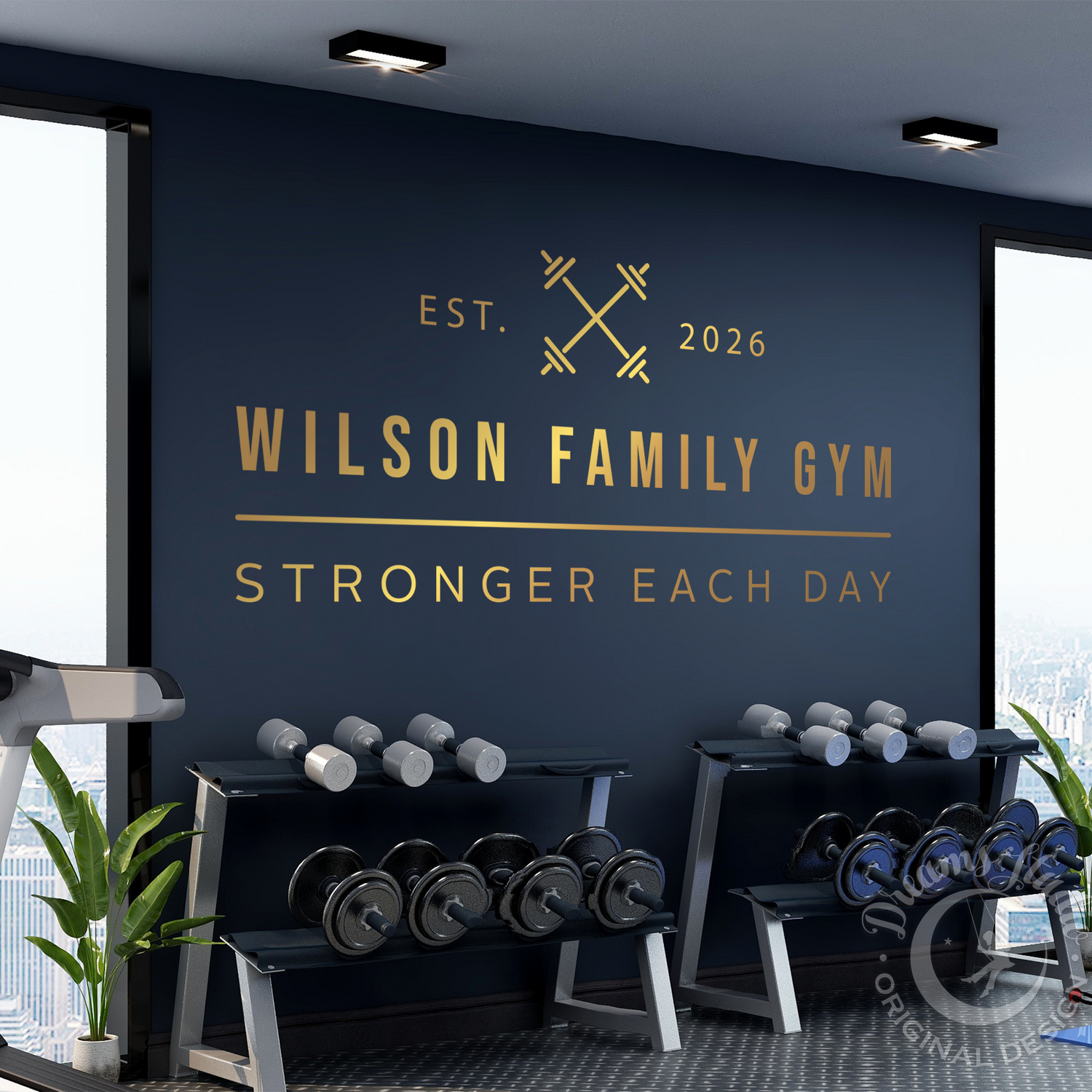 Gym interior with weights and 'Wilson Family Gym' branding on the wall.