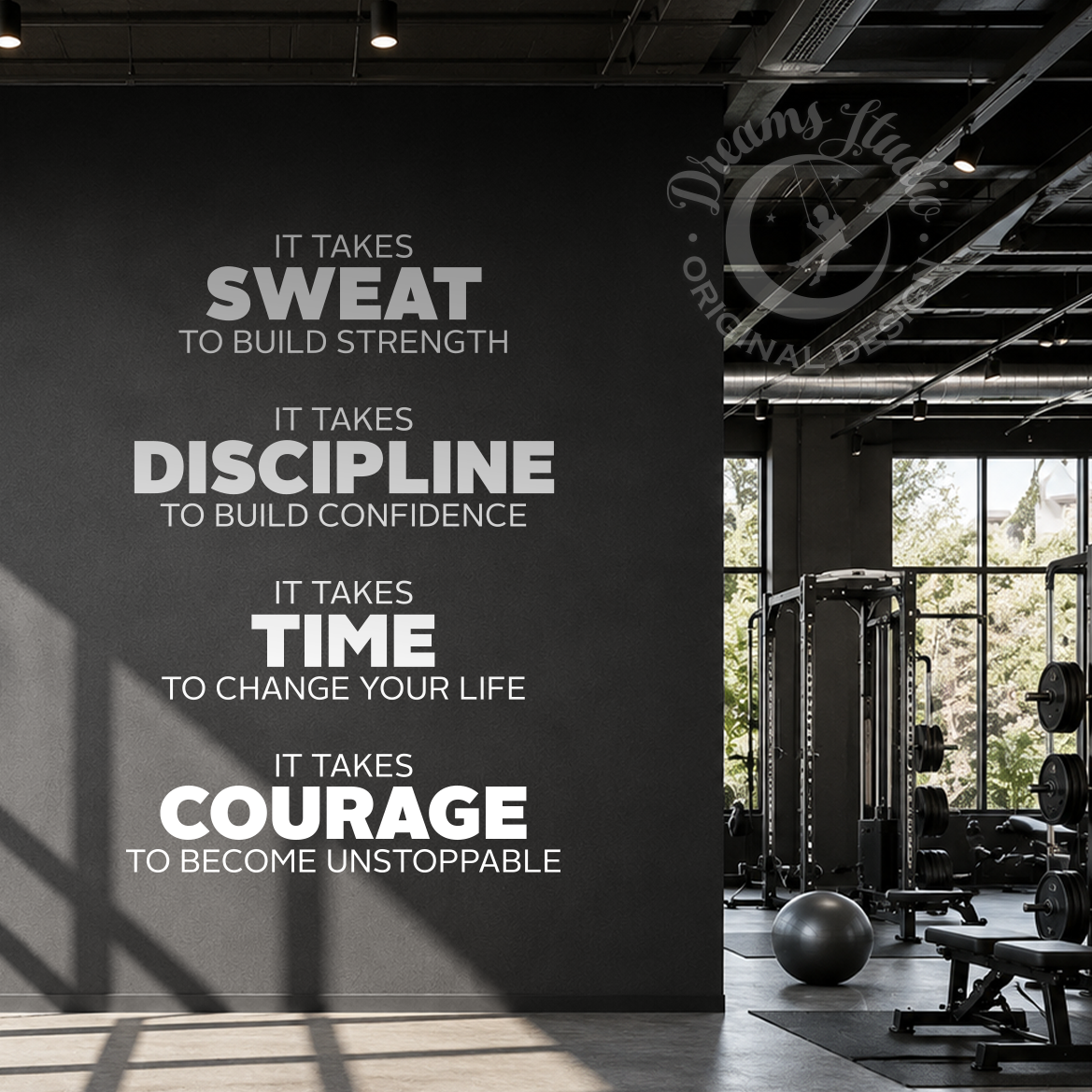 Gym interior with motivational quote on a black wall