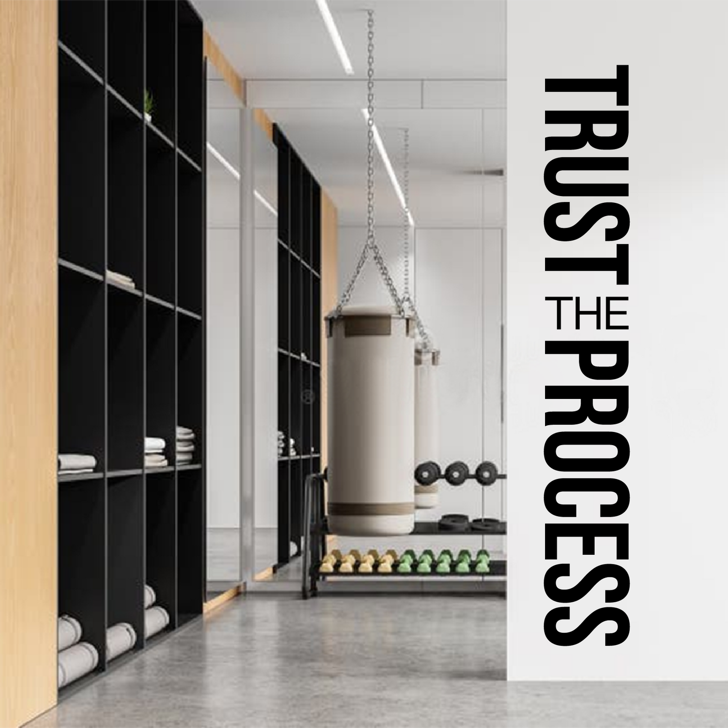 Modern interior design with black shelving units and a motivational quote 'Trust the Process' on a white wall.