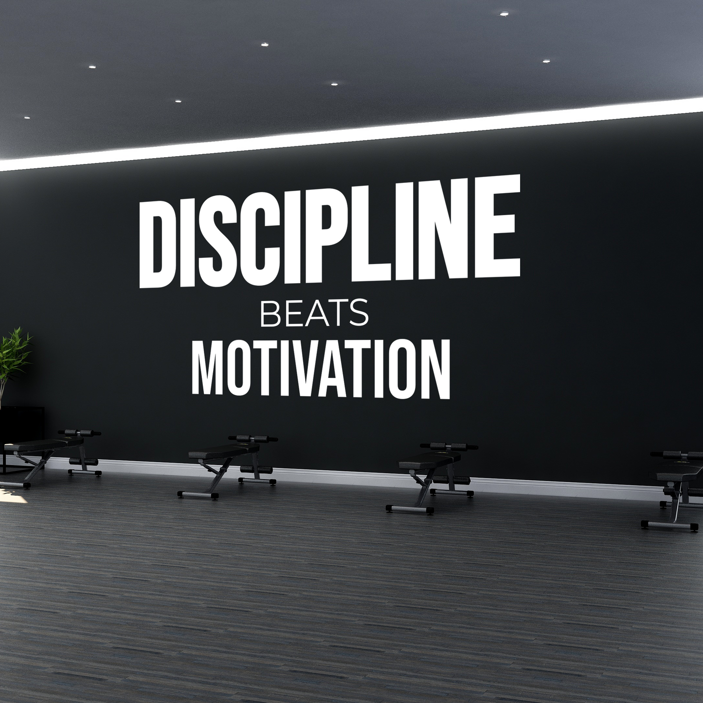 Gym interior with motivational quote 'Discipline Beats Motivation' on a wall.