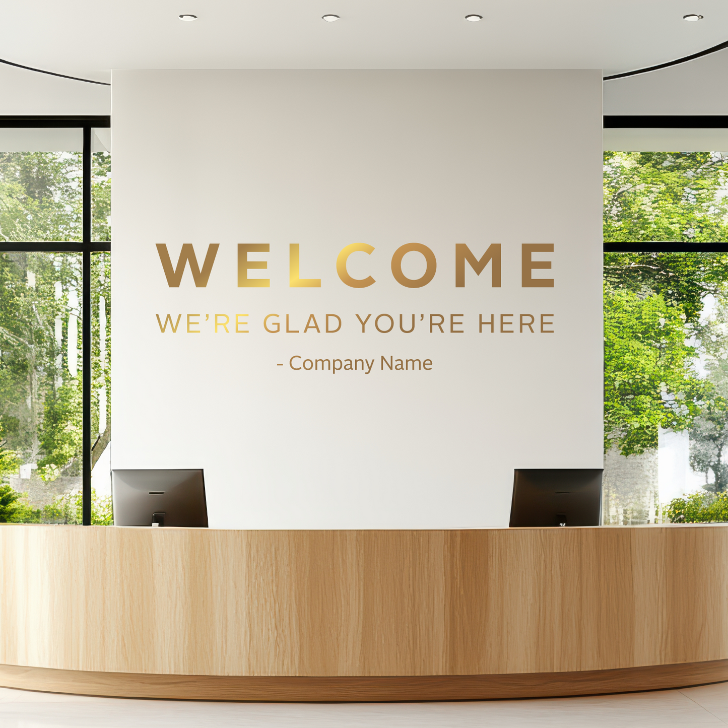 Modern reception desk with 'Welcome' sign in a bright office setting