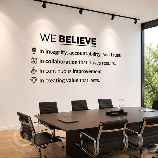 We Believe Office Wall Decal with Icons – Modern Company Principles, Business Culture Decor