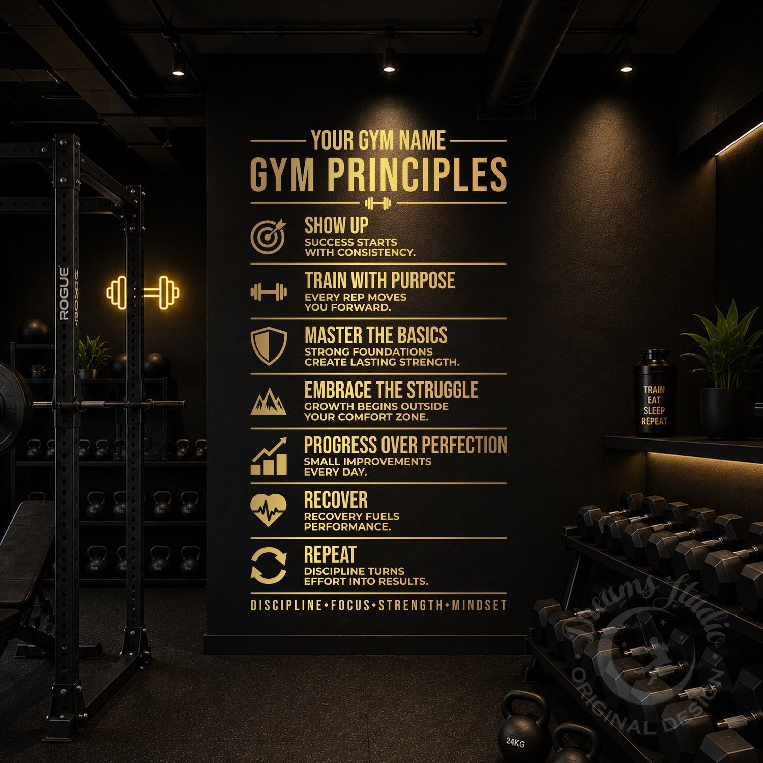 A motivational gym poster with the title 'GYM PRINCIPLES' in gold text on a black background, displayed in a dark gym setting with weight equipment, dumbbells, and a rack.