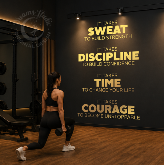 Woman exercising with motivational quote on wall in gym