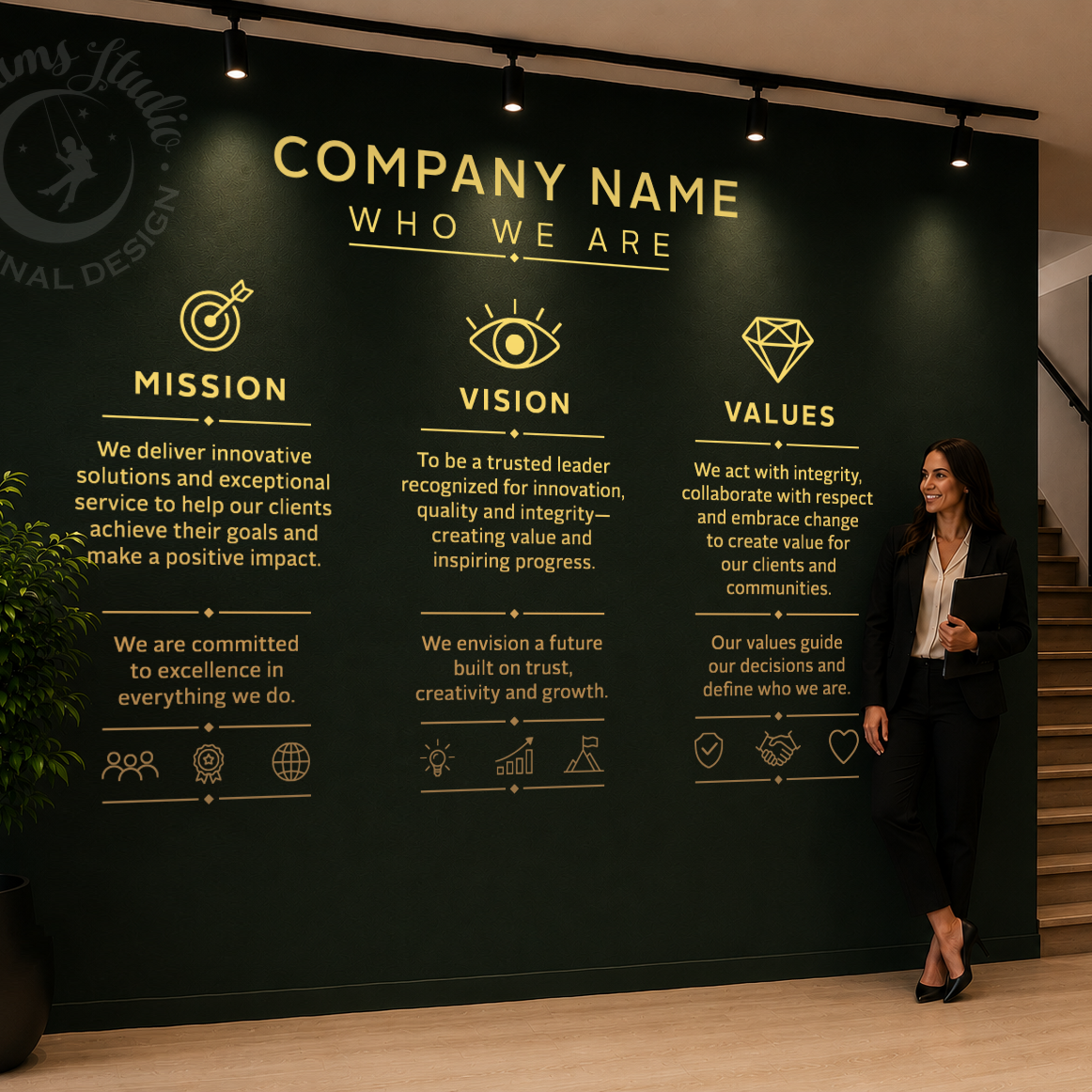 A woman in a black blazer and skirt stands beside a large dark wall displaying a customized company profile with gold text reading 'COMPANY NAME WHO WE ARE' and sections for Mission, Vision, and Values. The scene appears to be an office or interior space with a plant, floor, and staircase visible.