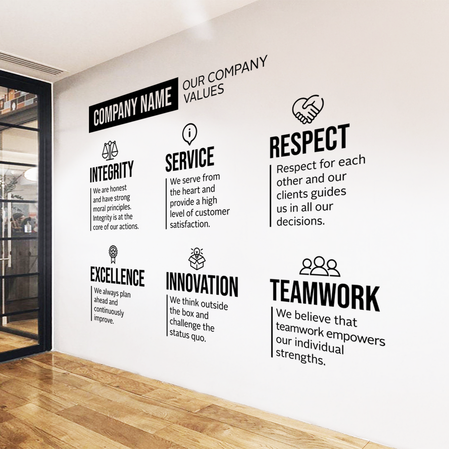 Wall with company values displayed on a modern office interior