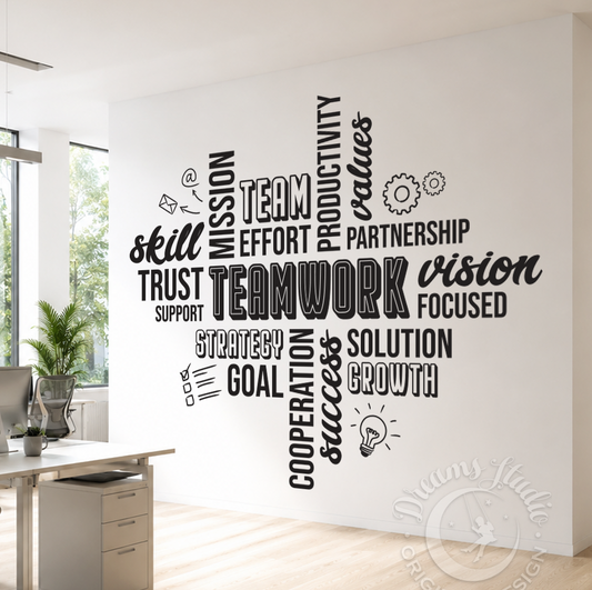 Wall with motivational phrases in a modern office setting