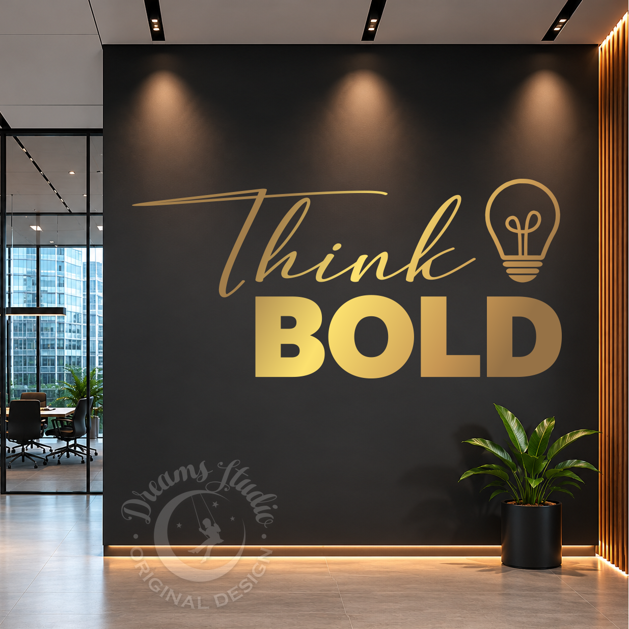 Modern office interior with a motivational quote 'Think Bold' on a black wall.