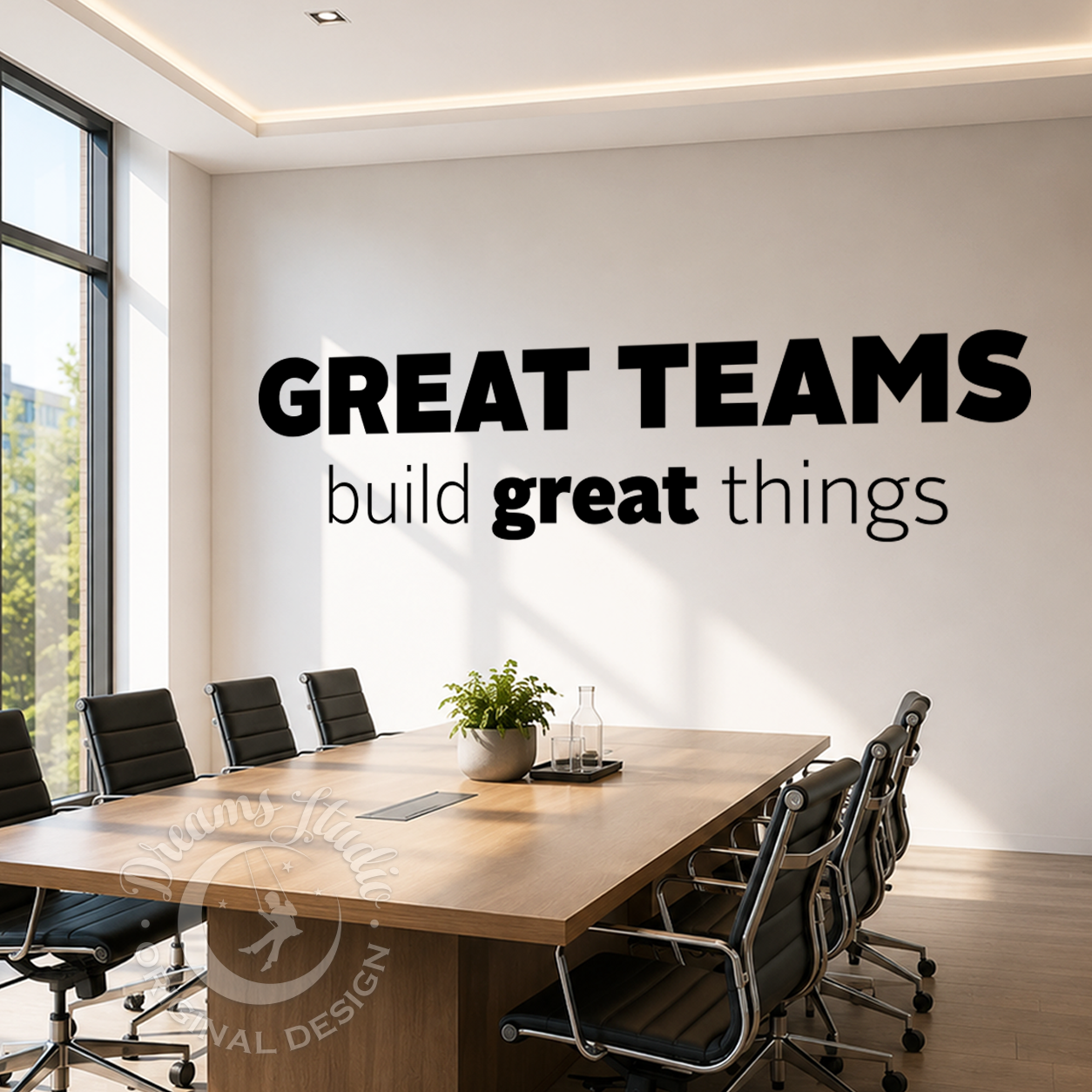 Modern conference room with motivational quote on wall