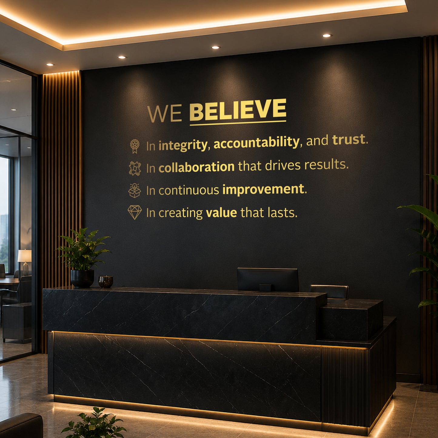 We Believe Office Wall Decal with Icons – Modern Company Principles, Business Culture Decor