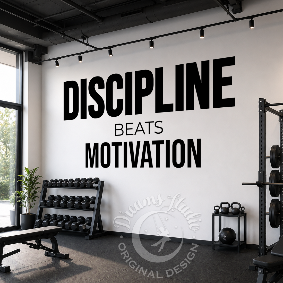 Gym interior with motivational quote 'Discipline Beats Motivation' on the wall.