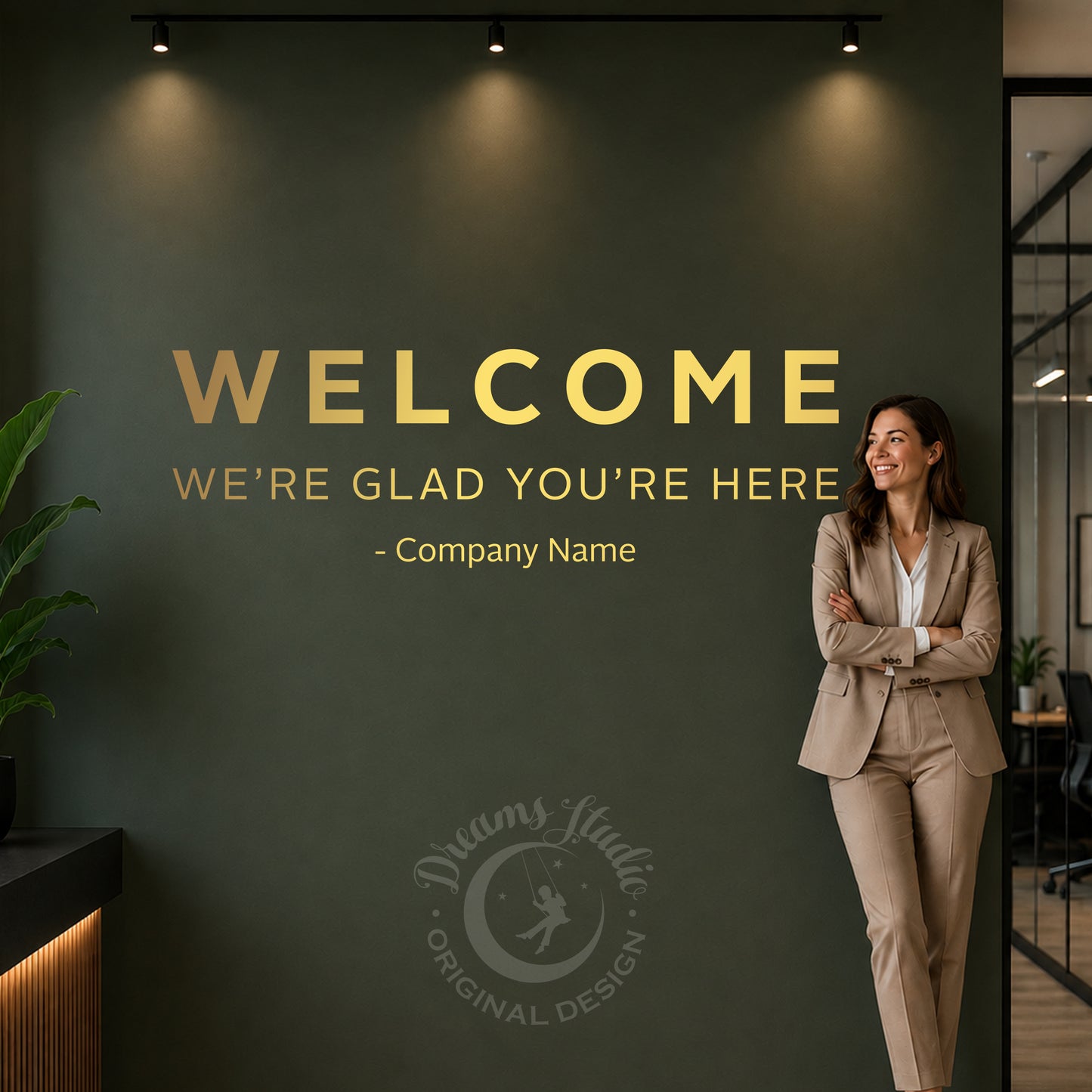 WELCOME Wall Decal, Modern Reception Sign with Custom Company Name
