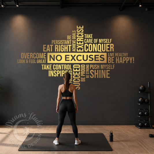 Woman in a gym standing on a mat with motivational word cloud on the wall.