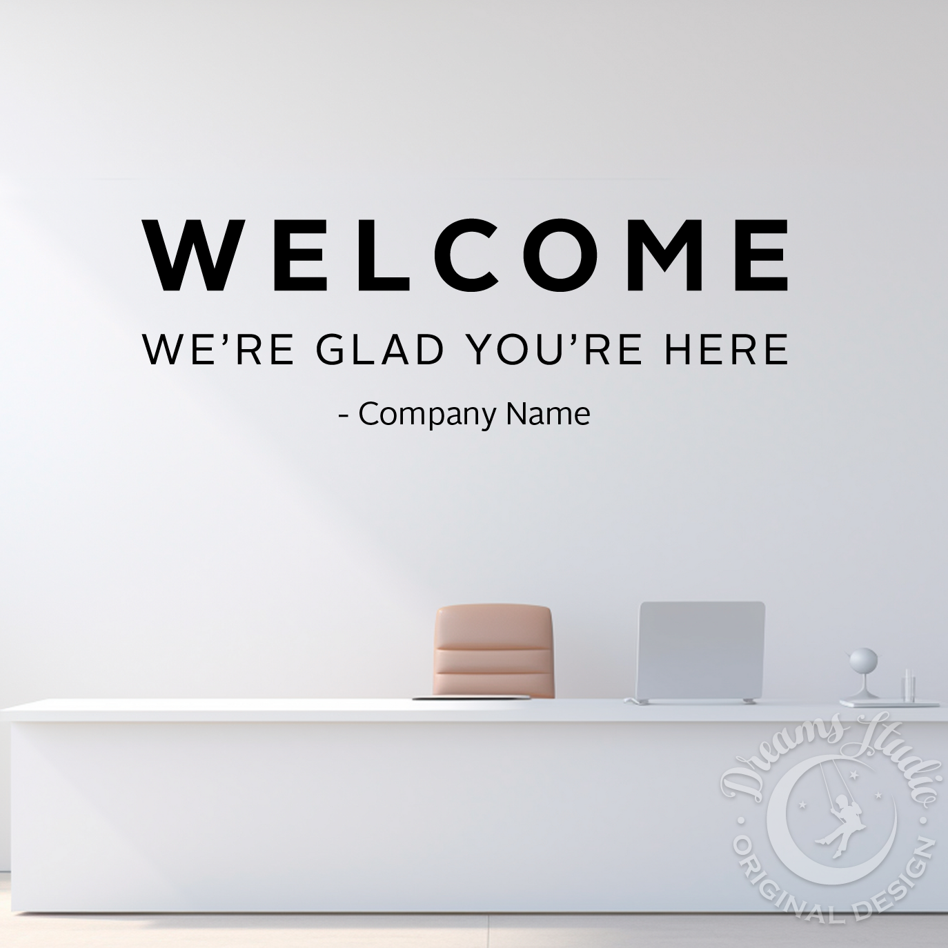 Welcome sign on a white wall above a reception desk with a plant and decor items.