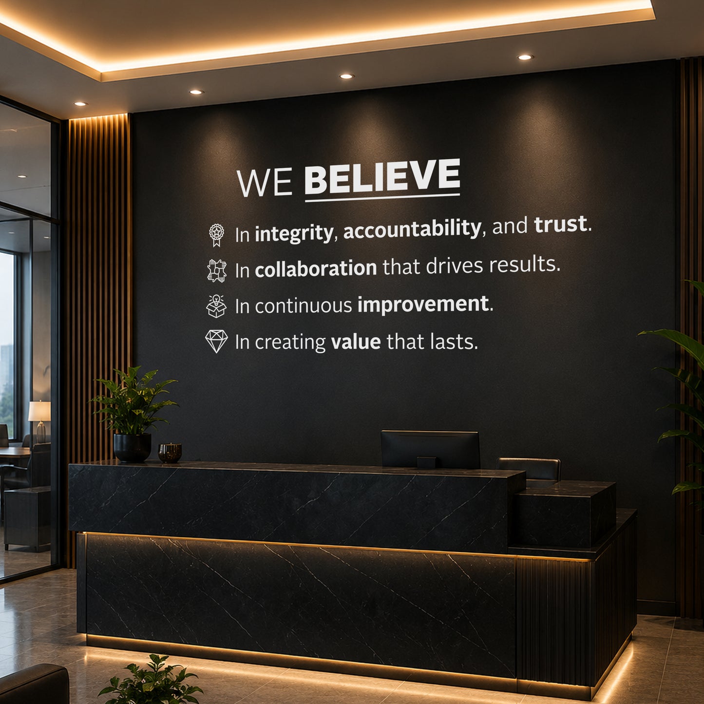 We Believe Office Wall Decal with Icons – Modern Company Principles, Business Culture Decor