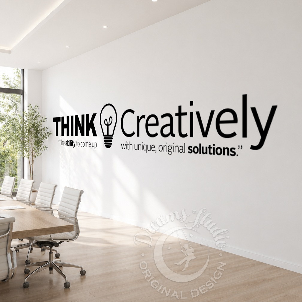 Modern conference room with 'Think Creatively' wall decal