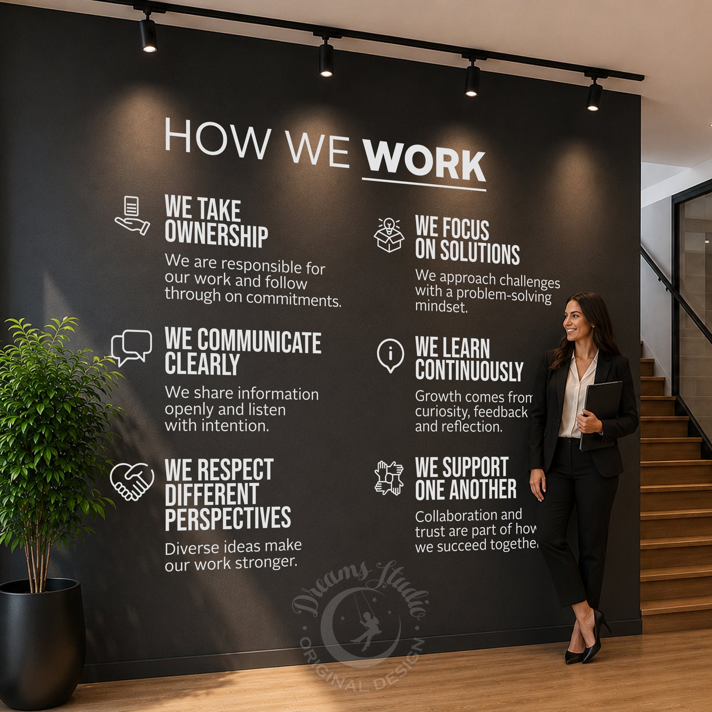 "How We Work" Wall Decal with Icons – Modern Company Principles, Office Culture Decor