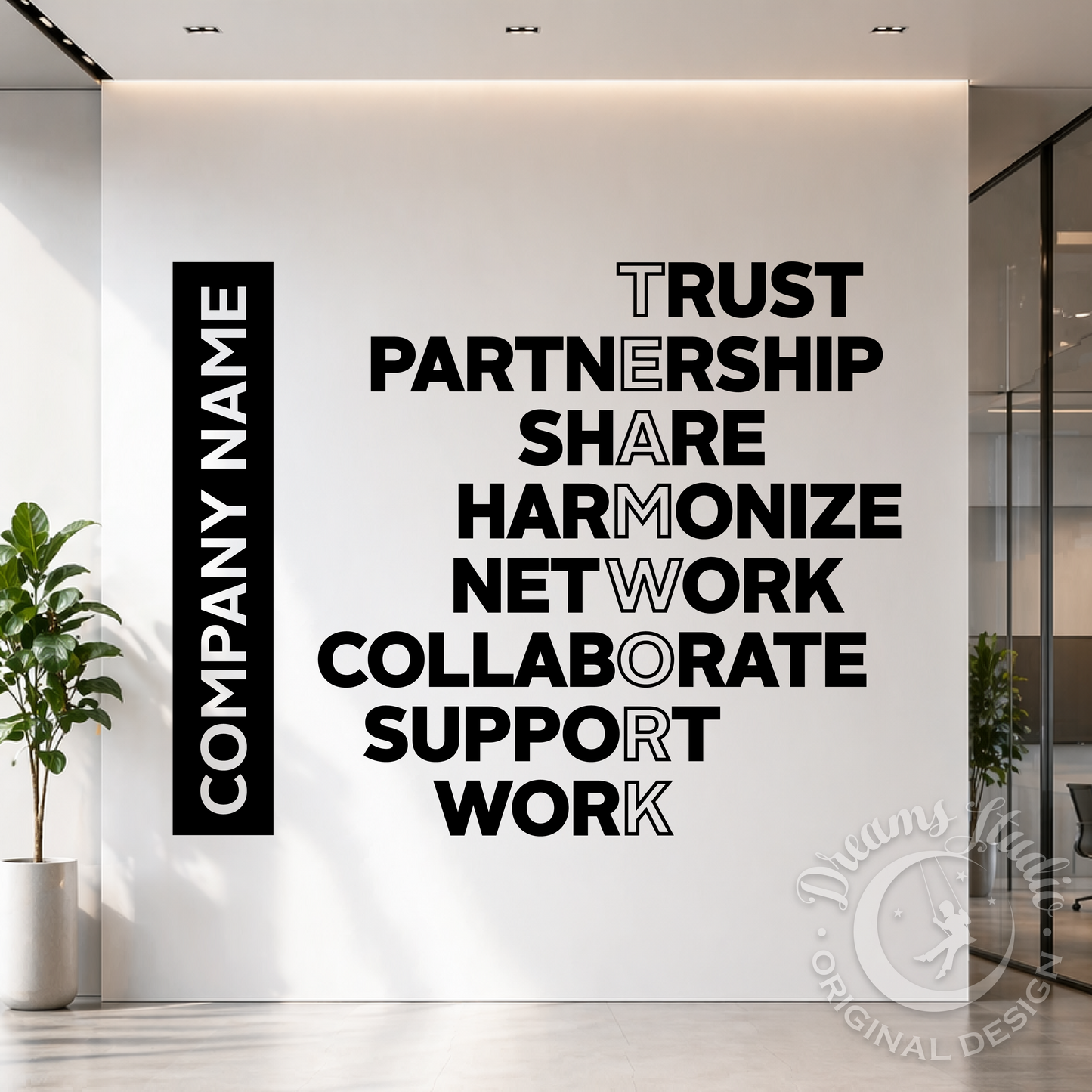 Black vinyl wall decals displayed on a white office wall, featuring a vertical black bar with 'COMPANY NAME' and a horizontal text layout of motivational business phrases including 'TRUST', 'PARTNERSHIP', 'SHARE', 'HARMONIZE', 'NETWORK', 'COLLABORATE', 'SUPPORT', and 'WORK'.