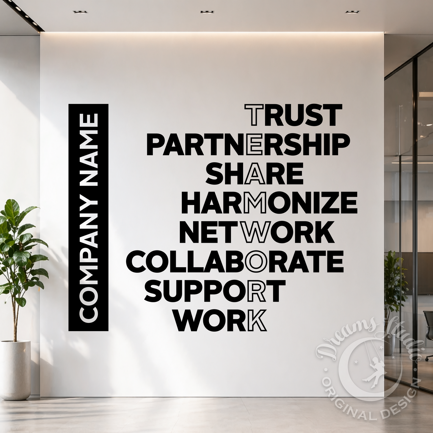 Black vinyl wall decals displayed on a white office wall, featuring a vertical black bar with 'COMPANY NAME' and a horizontal text layout of motivational business phrases including 'TRUST', 'PARTNERSHIP', 'SHARE', 'HARMONIZE', 'NETWORK', 'COLLABORATE', 'SUPPORT', and 'WORK'.
