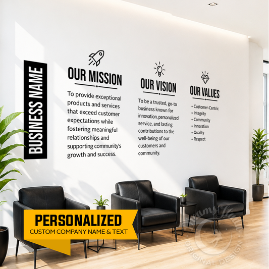 Modern office interior with black chairs and a wall displaying a company's mission, vision, and values.