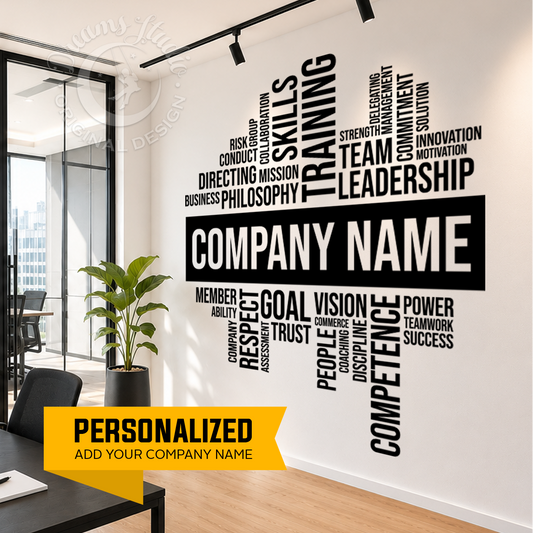 Wall with motivational phrases and a personalized space for adding a company name in an office setting.