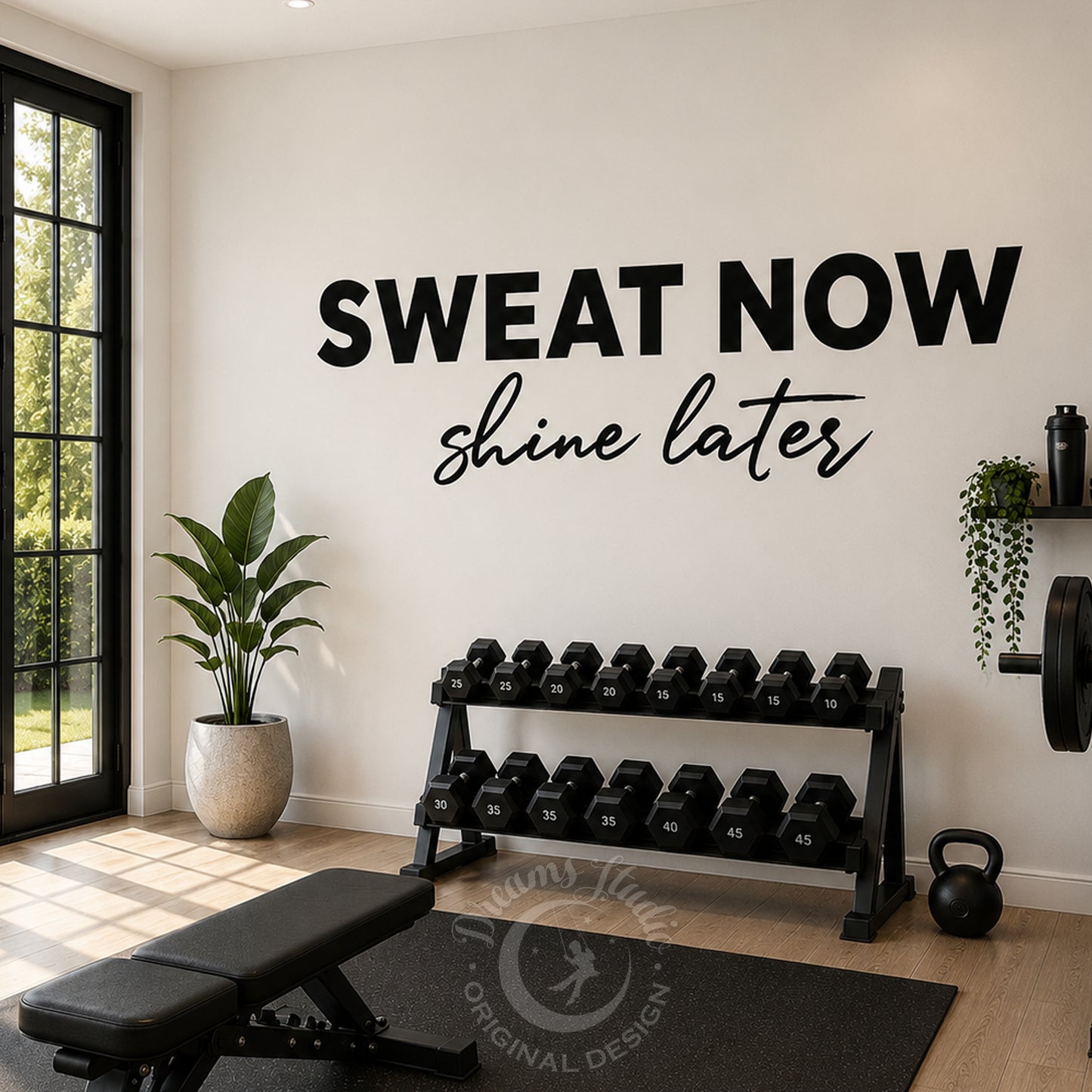 Gym Wall Vinyl Decal - "Sweat Now, Shine Later" Motivational Quote
