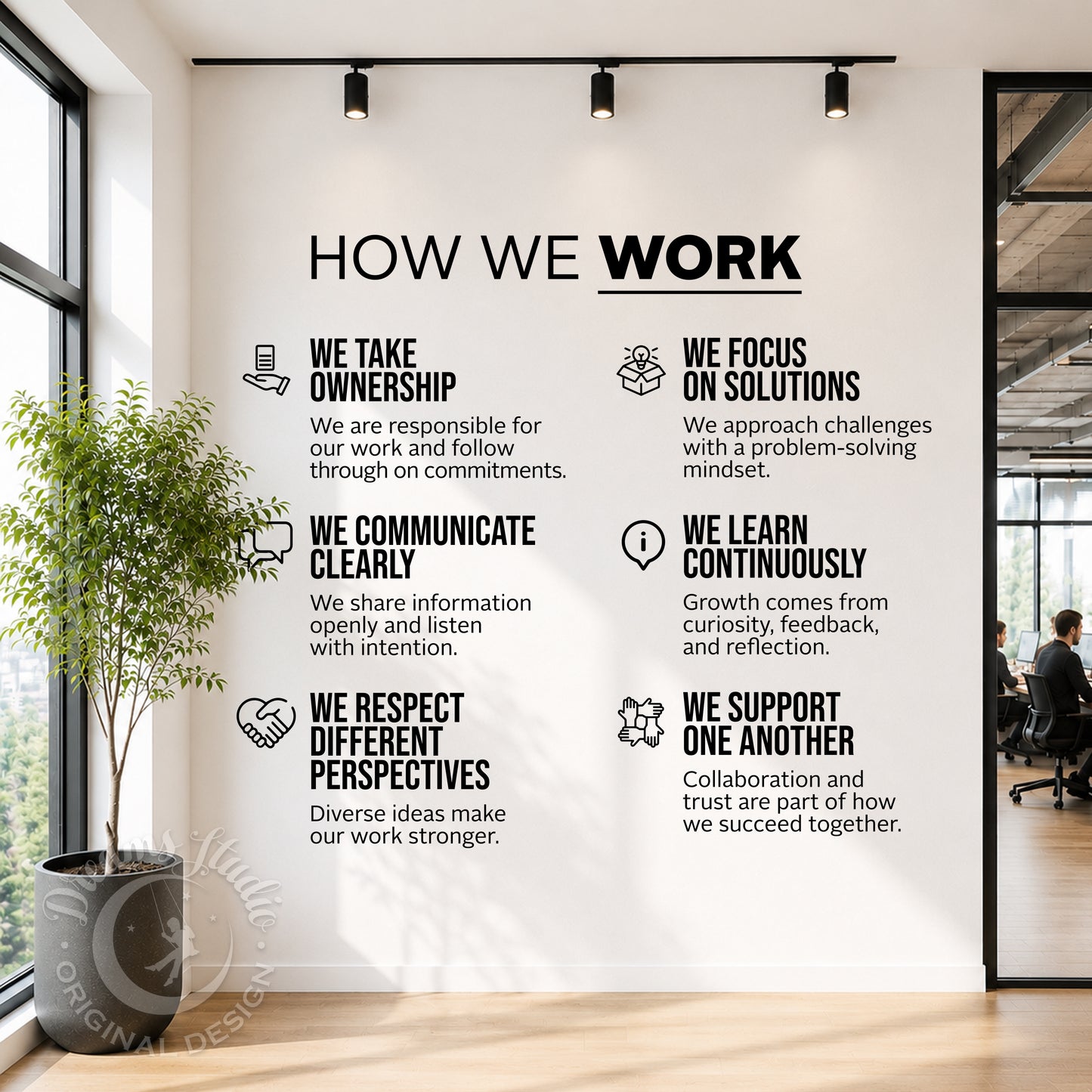 "How We Work" Wall Decal with Icons – Modern Company Principles, Office Culture Decor