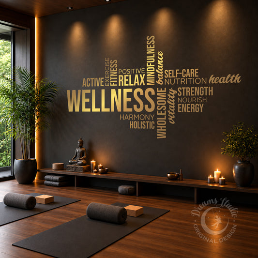 A styled wellness room with a large dark wall featuring gold typography spelling out wellness terms such as relaxation, self-care, nutrition, and energy. The room includes wooden floors, meditation mats, candles, potted plants, and a seated Buddha statue.