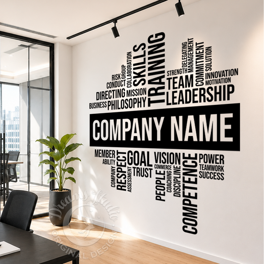 Modern office interior with motivational wall art featuring various words.