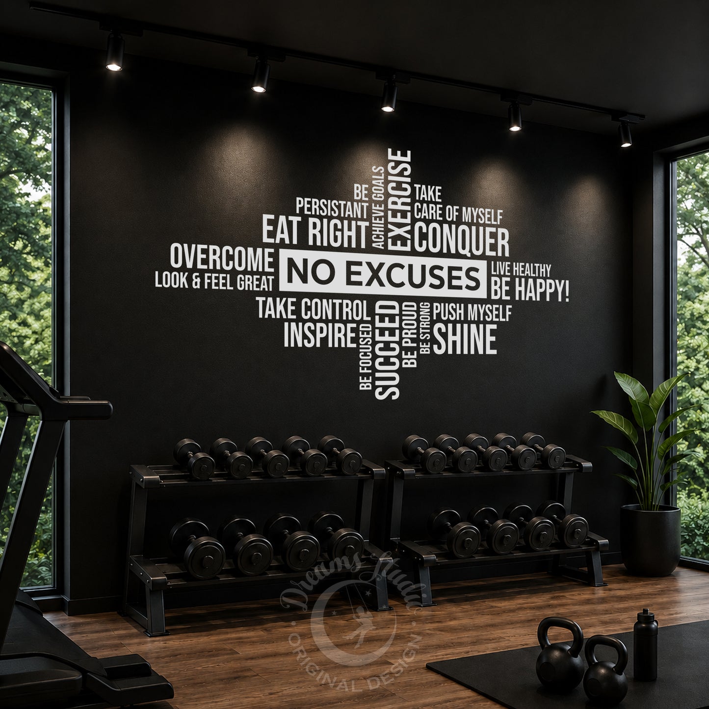 Gym Wall Vinyl Decal Word Cloud "No Excuses"
