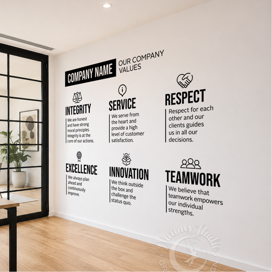 Wall with company values displayed in an office setting
