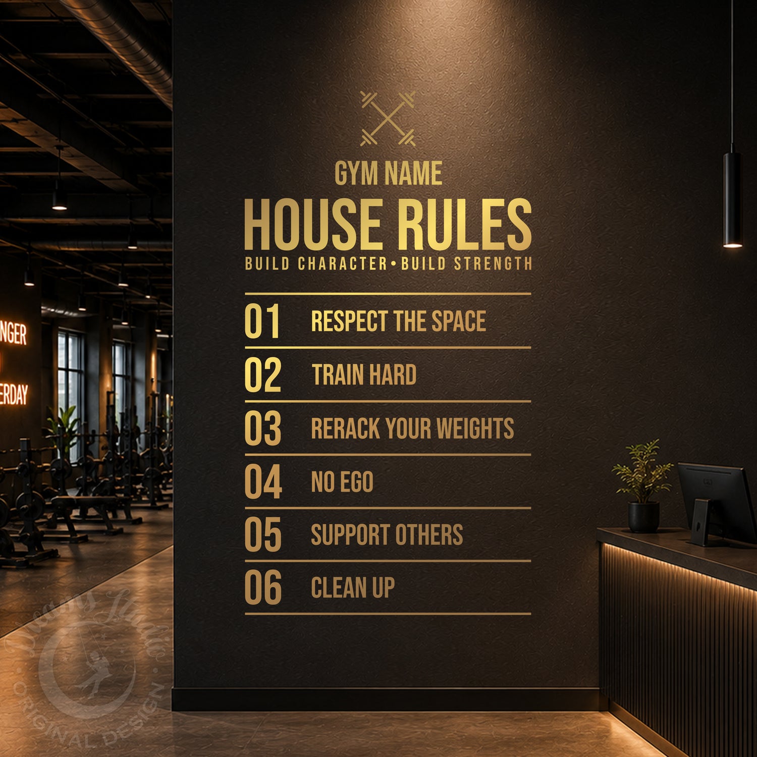 A custom gym wall sign displaying 'HOUSE RULES' in gold lettering on a dark textured wall, with a list of six rules numbered 01 to 06. The sign is shown in a modern gym environment with exercise equipment and a reception desk in the background.