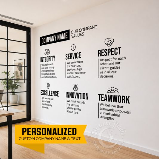 Wall with personalized company values text in a modern office setting