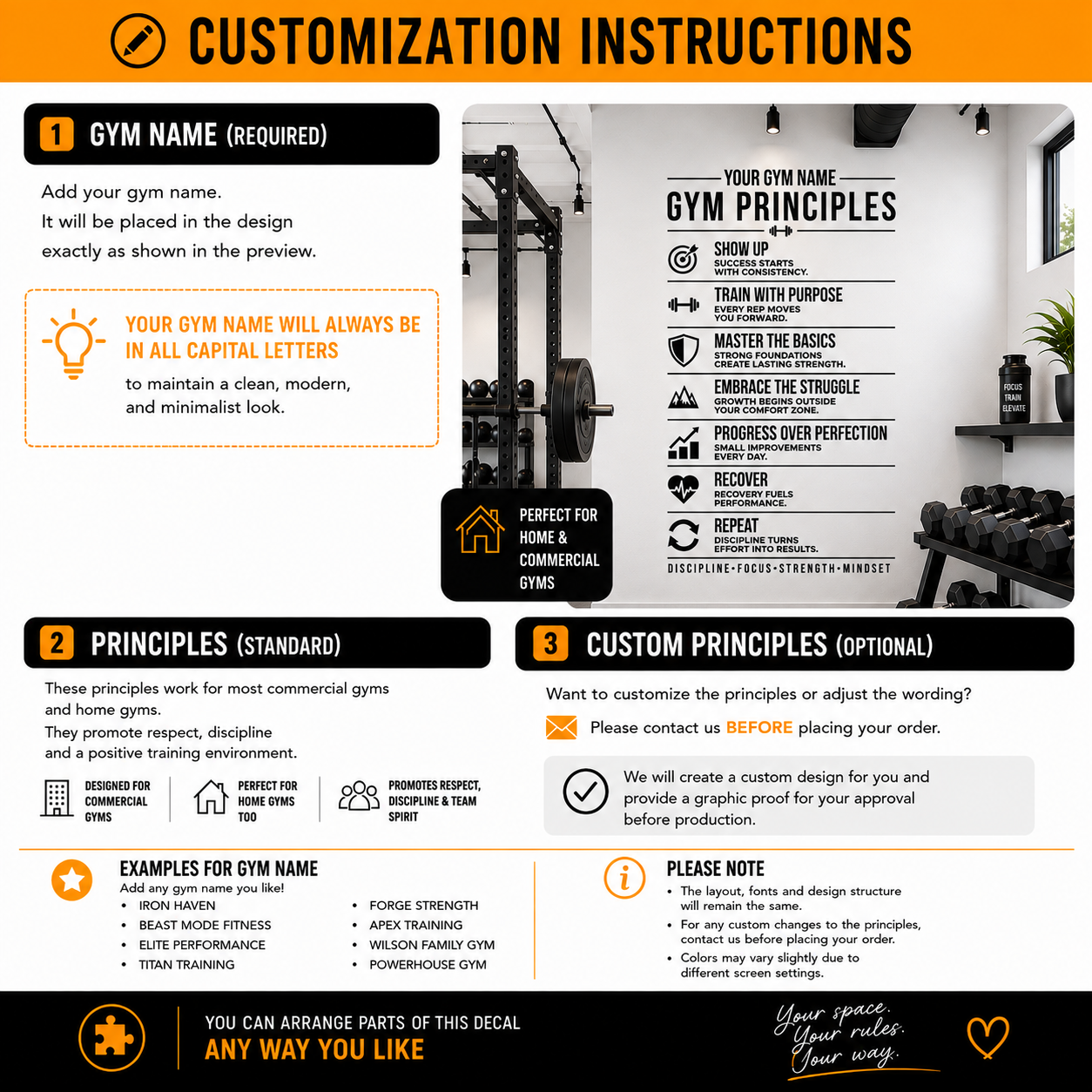 A customization instructions graphic for a gym wall decal, showing three numbered steps with text instructions, gym interior photos, and example gym names on a white background with orange and black header/footer bars.