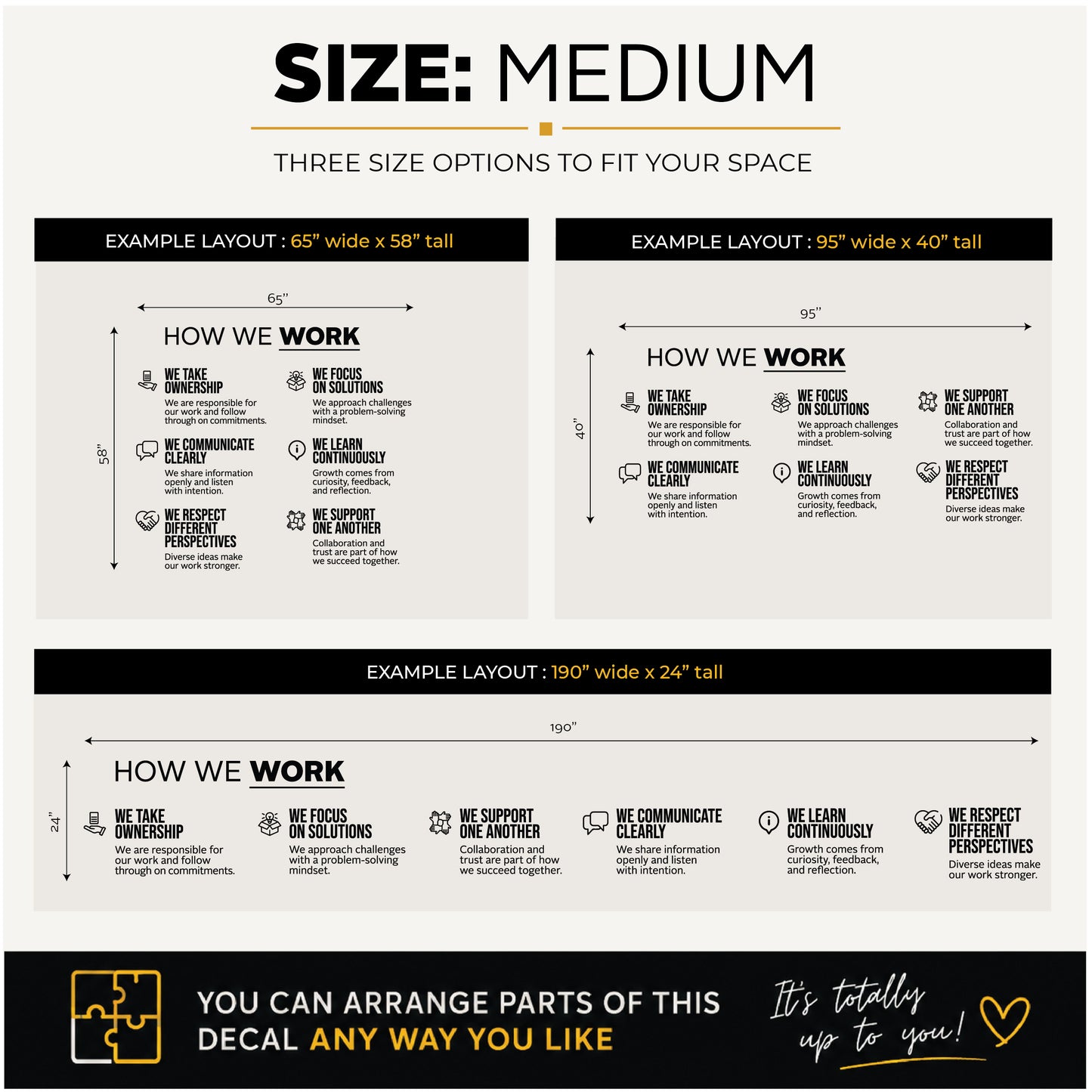 A size and layout guide for a custom 'How We Work' decal, showing three layout options labeled Medium, 65" x 58" tall, 95" wide x 40" tall, and 190" wide x 24" tall. The graphic features black text on a light beige background with a black footer containing a puzzle icon and the text 'YOU CAN ARRANGE PARTS OF THIS DECAL ANY WAY YOU LIKE'.