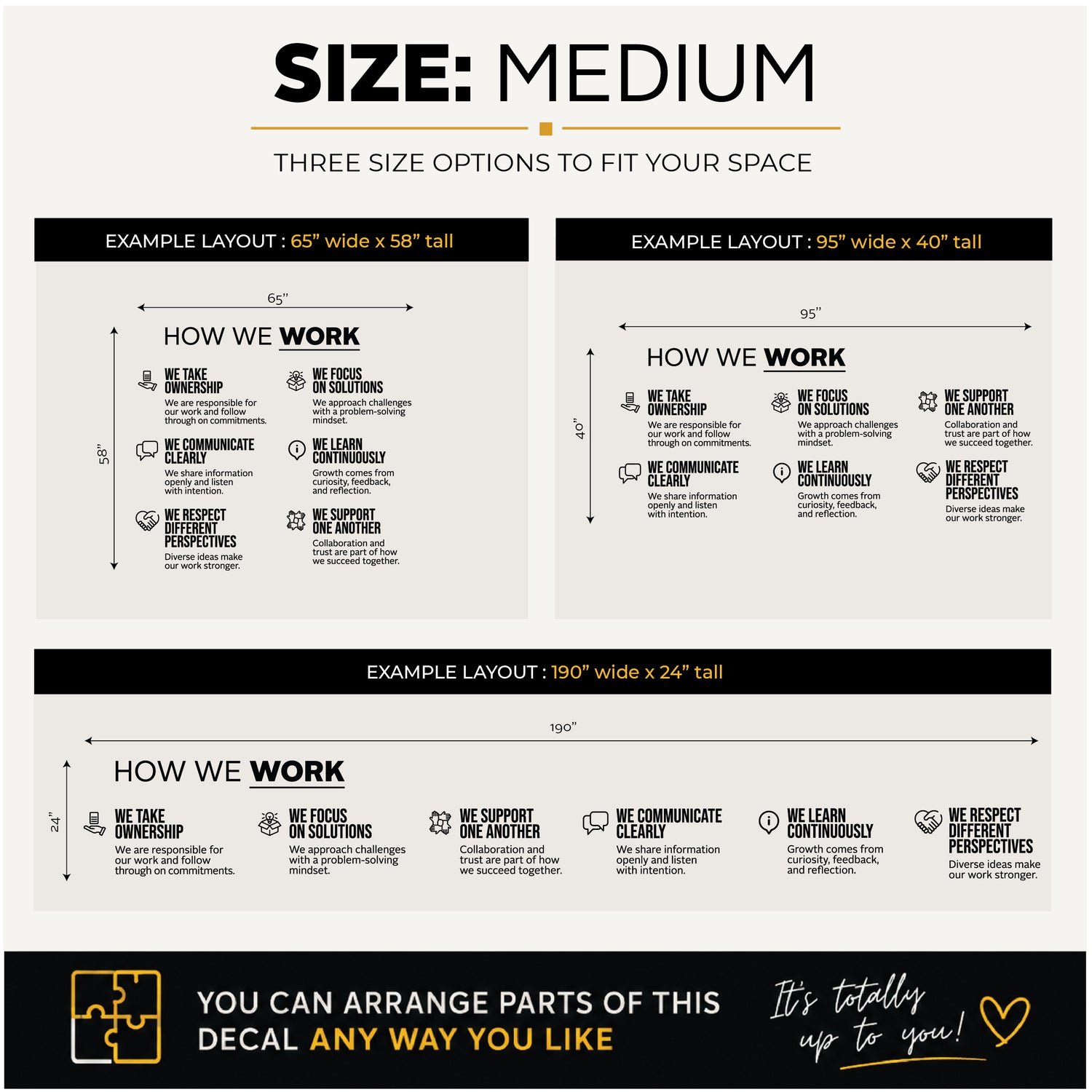 A size and layout guide for a custom 'How We Work' decal, showing three layout options labeled Medium, 65" x 58" tall, 95" wide x 40" tall, and 190" wide x 24" tall. The graphic features black text on a light beige background with a black footer containing a puzzle icon and the text 'YOU CAN ARRANGE PARTS OF THIS DECAL ANY WAY YOU LIKE'.