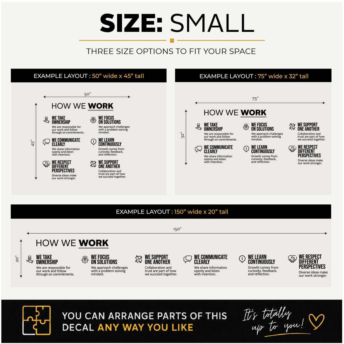A size and layout guide for a custom 'How We Work' decal. The graphic shows three size options labeled Small, Medium, and Large, with dimensions in inches and example layout widths and heights.