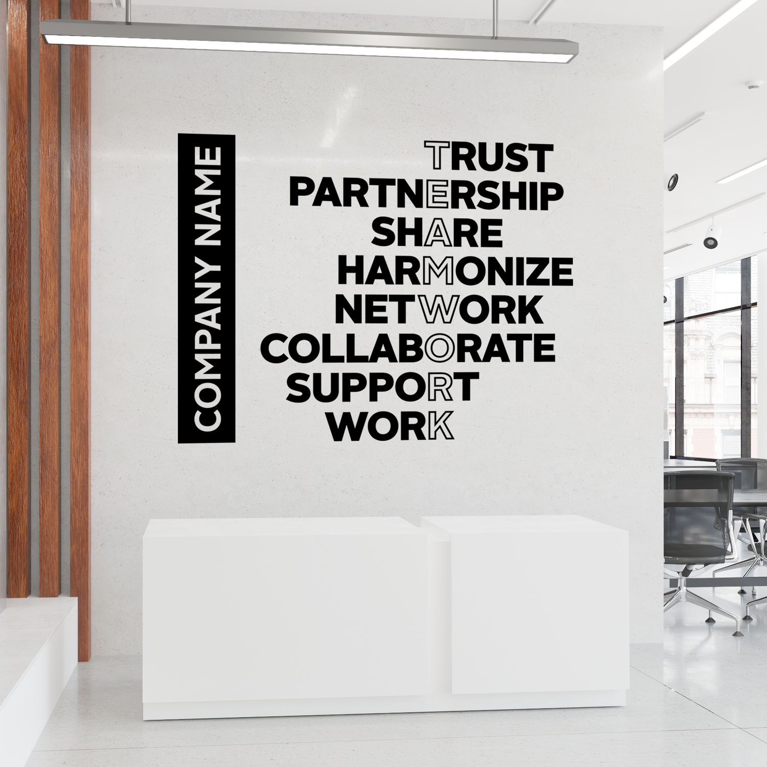 Modern office interior with motivational wall text and a placeholder for 'Company Name'.