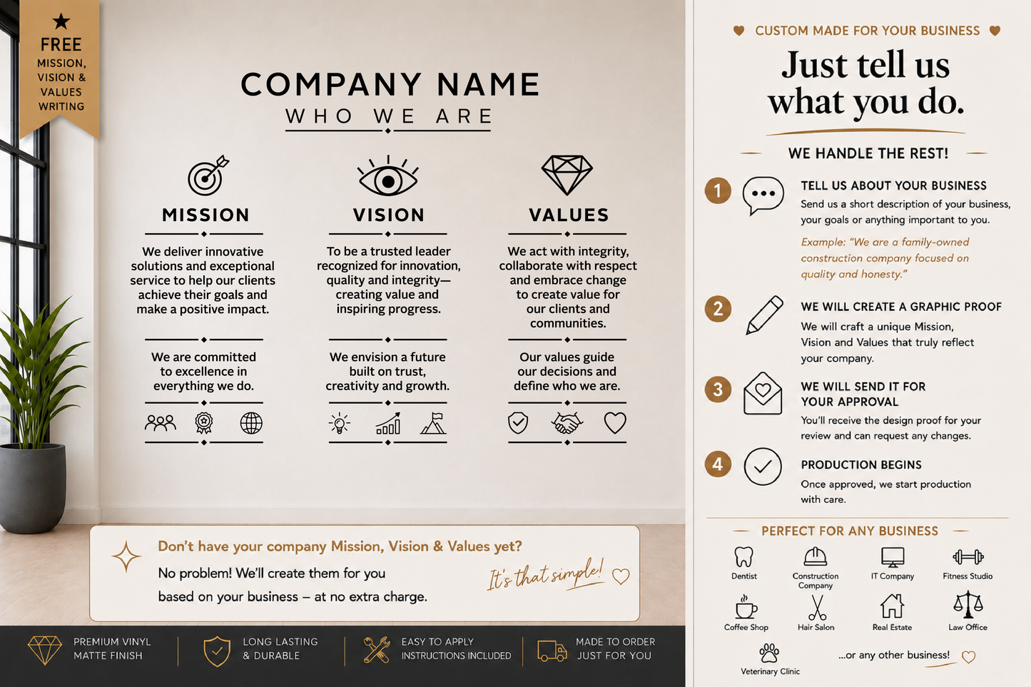 Custom Mission Vision Values Wall Decal, Office Wall Decor, Business Sign