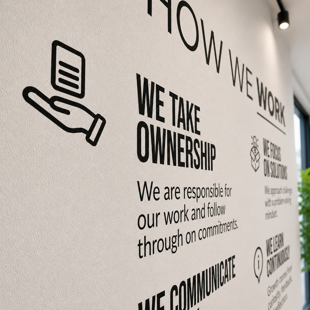 "How We Work" Wall Decal with Icons – Modern Company Principles, Office Culture Decor