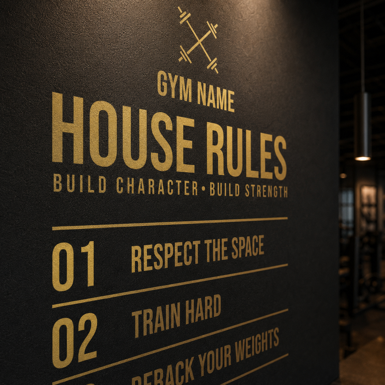 A close-up of a dark wall in a gym with gold text reading 'GYM NAME HOUSE RULES BUILD CHARACTER • BUILD STRENGTH' and a numbered list starting with '01 RESPECT THE SPACE'.