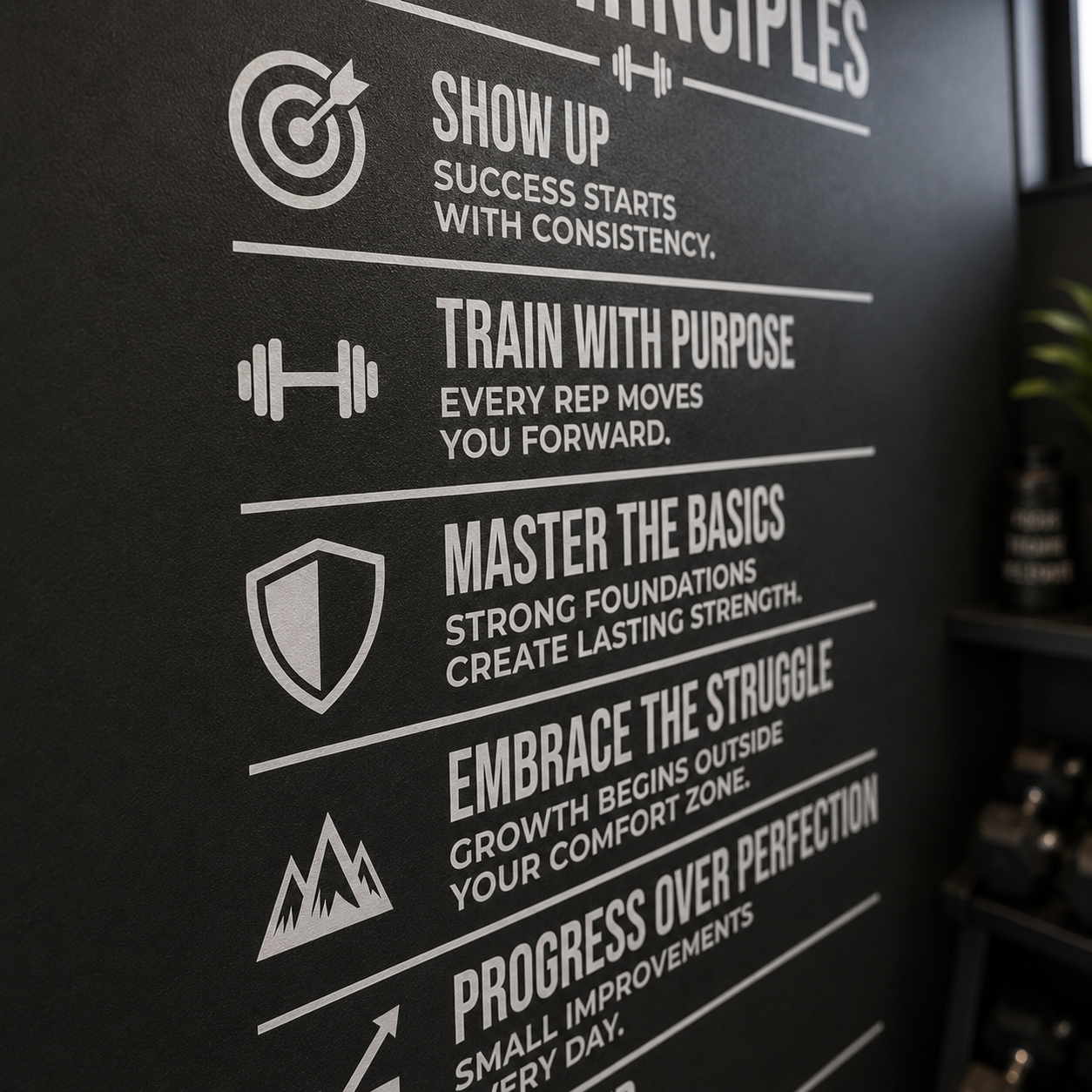 A close-up of a motivational gym poster with white text and icons on a dark charcoal background, featuring phrases like 'Show Up', 'Train With Purpose', and 'Master The Basics'.