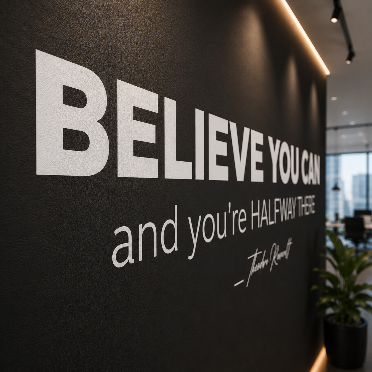 Large white motivational wall art reading 'BELIEVE YOU CAN and you're HALFWAY THERE' with a signature quote, mounted on a dark wall in a modern office interior.