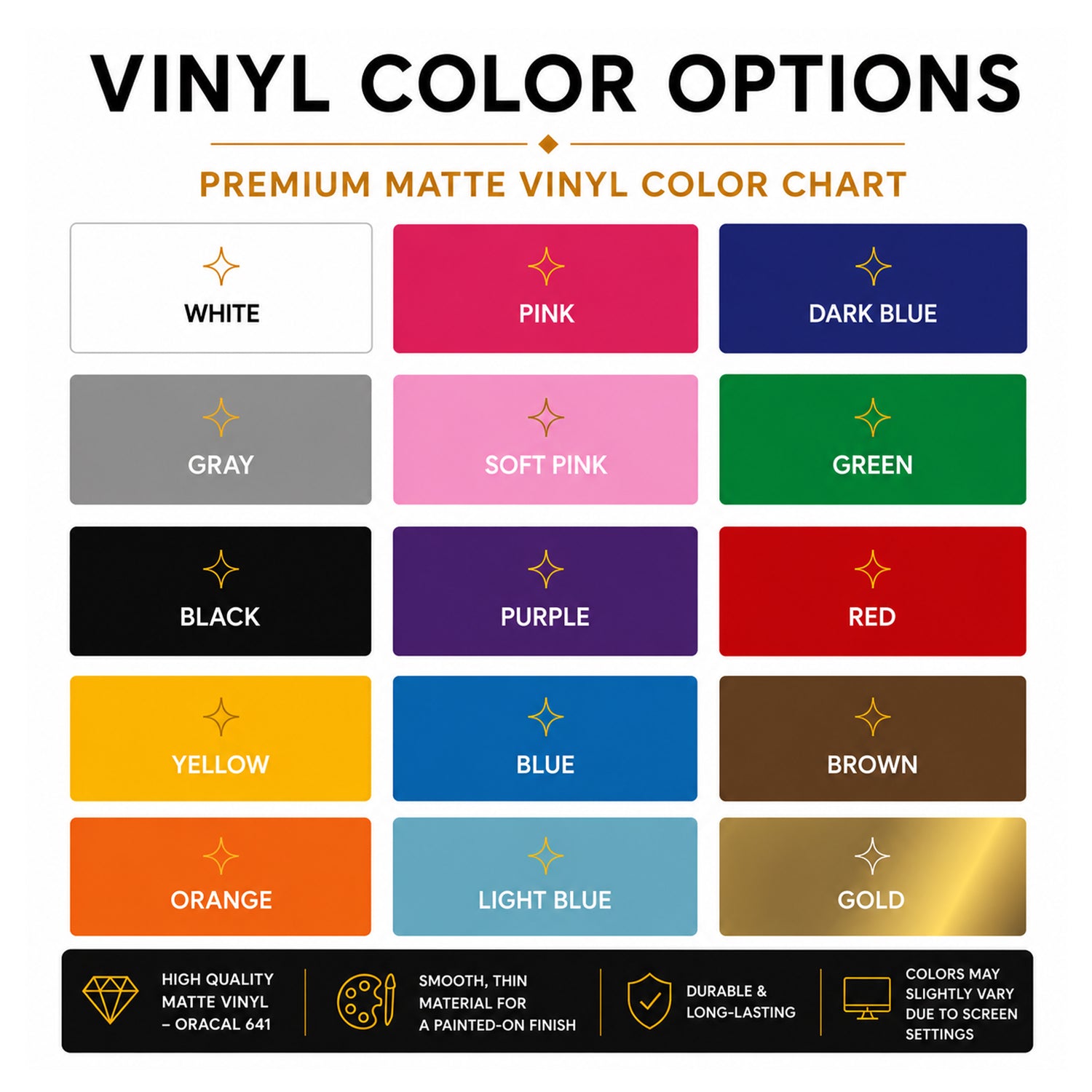 A color options chart for premium matte vinyl, showing a grid of labeled color swatches including White, Pink, Dark Blue, Gray, Soft Pink, Green, Black, Purple, Red, Yellow, Blue, Brown, Orange, Light Blue, and Gold. Text at the top reads 'VINYL COLOR OPTIONS' and 'PREMIUM MATTE VINYL COLOR CHART,' with a black footer strip of feature callouts at the bottom.