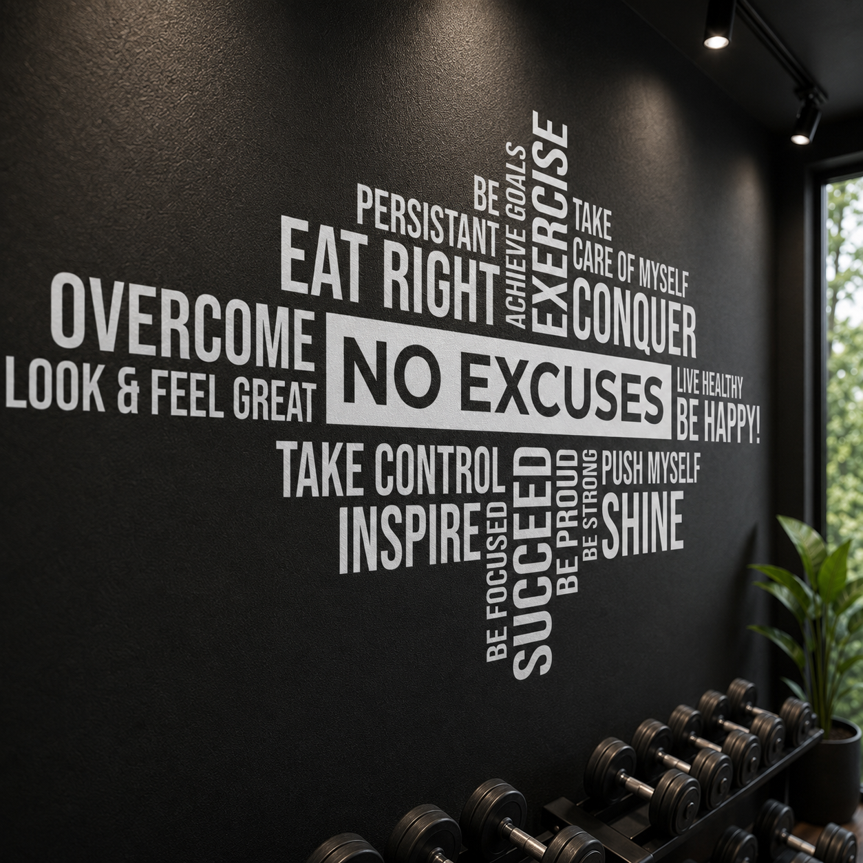 Gym Wall Vinyl Decal Word Cloud "No Excuses"