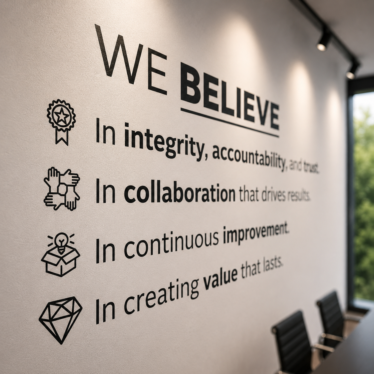 We Believe Office Wall Decal with Icons – Modern Company Principles, Business Culture Decor
