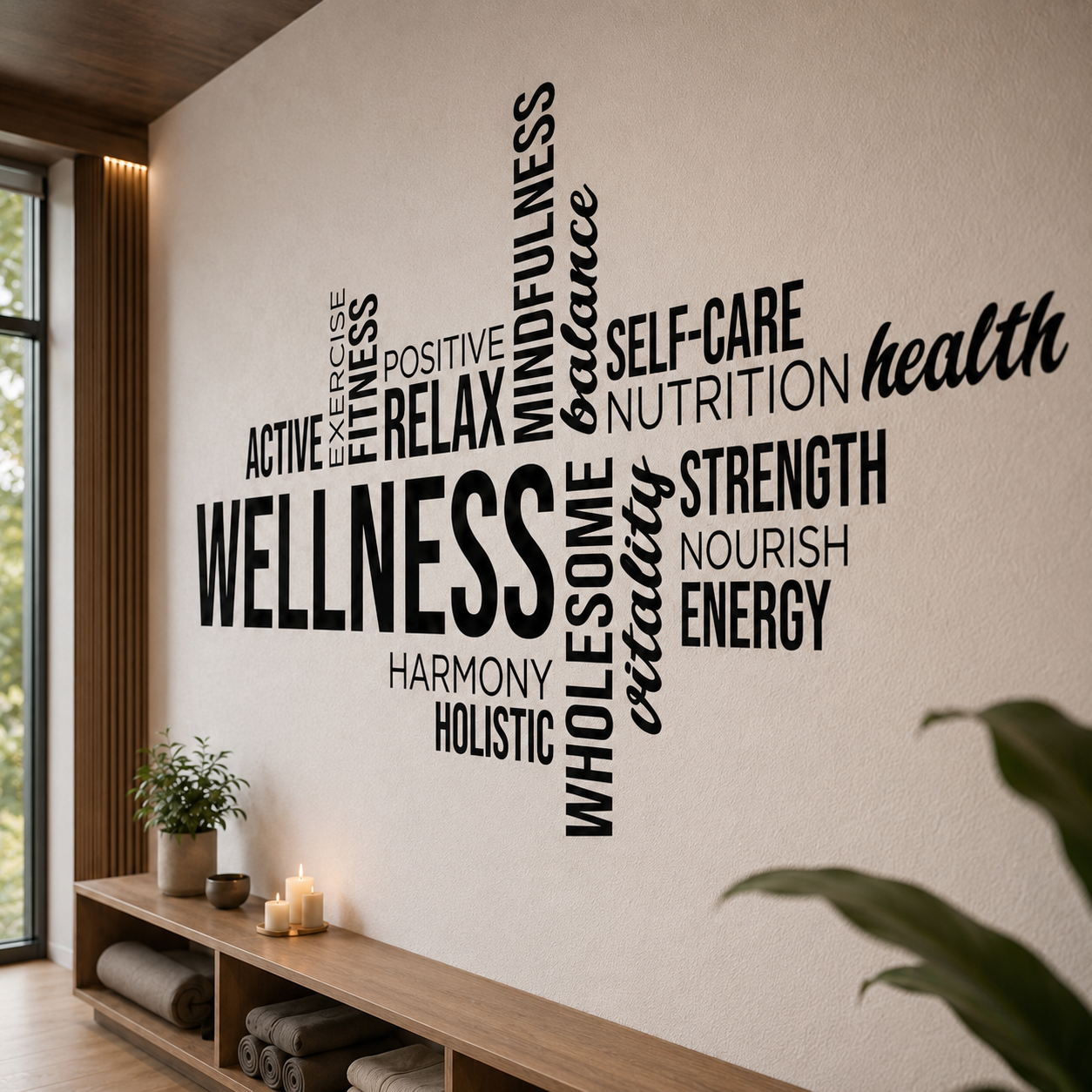 Wellness Word Cloud Wall Decal – Gym, Yoga Studio & Office Decor
