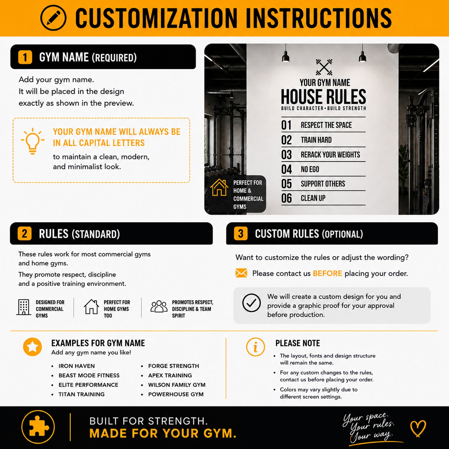 A digital graphic template showing customization instructions for a gym design, featuring text sections for gym name, house rules, and custom rules on a black and orange background.