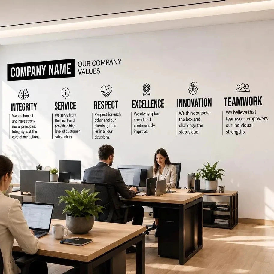A modern office interior with employees seated at desks and a large white wall displaying company values and placeholder text such as 'COMPANY NAME' and 'OUR COMPANY VALUES'.
