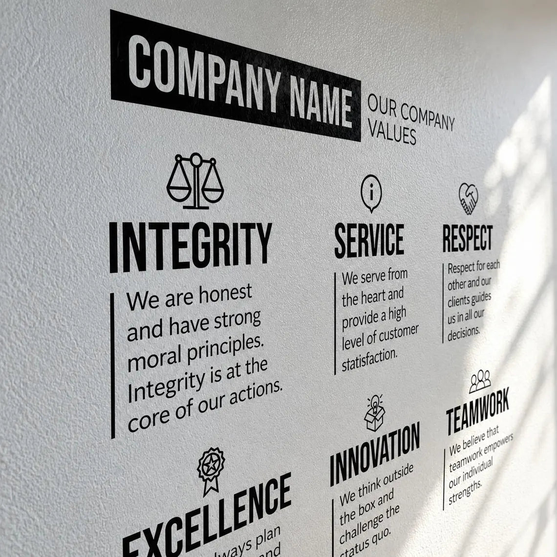 Personalized Wall Vinyl Decal, Company Values, add your company name
